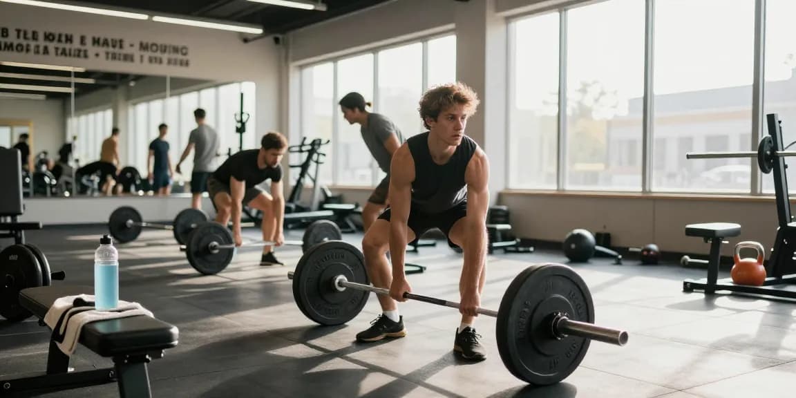 Entrenador levantando pesas en Esteroidesshop, ambiente moderno y motivador en el gimnasio.