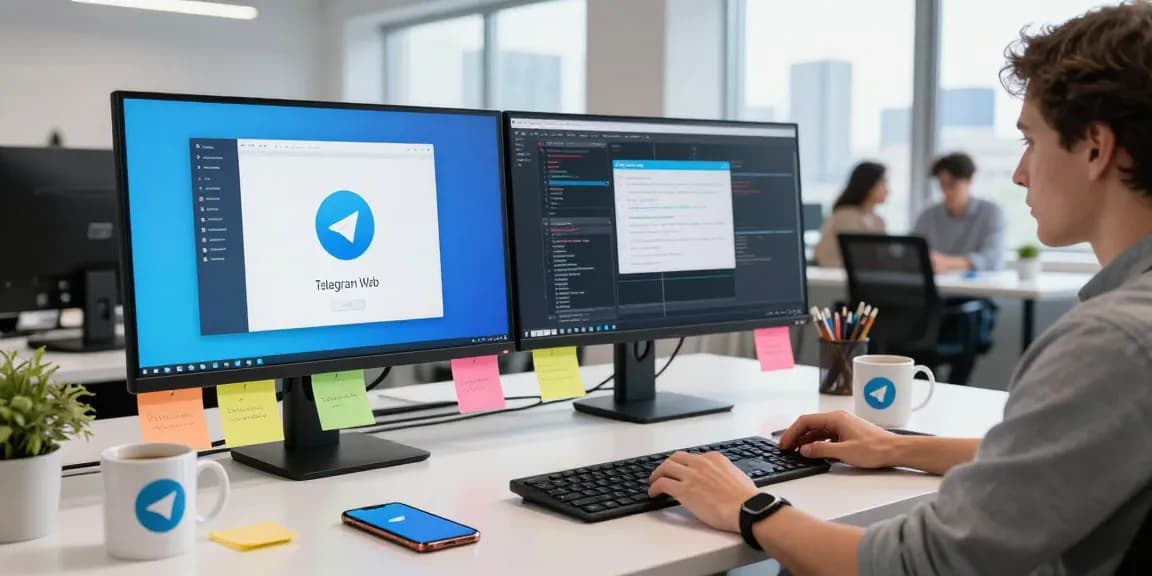 Accessing Telegram Web on dual monitors in a modern tech workspace.