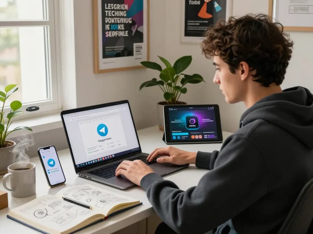 一位专业人士在现代家庭办公室环境中使用 Telegram 官网界面，展示生产力和技术。