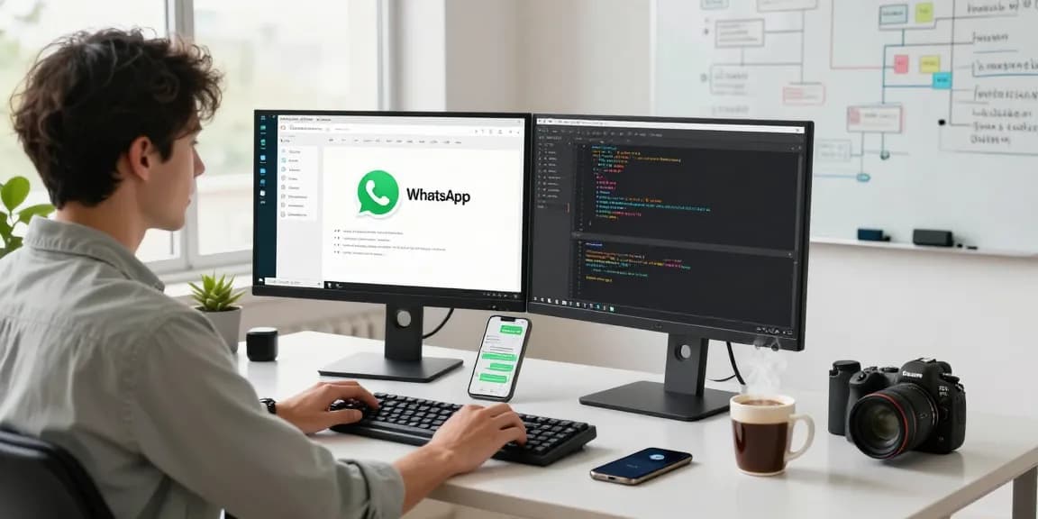 Developer using WhatsApp電腦版 on dual monitors in a modern workspace