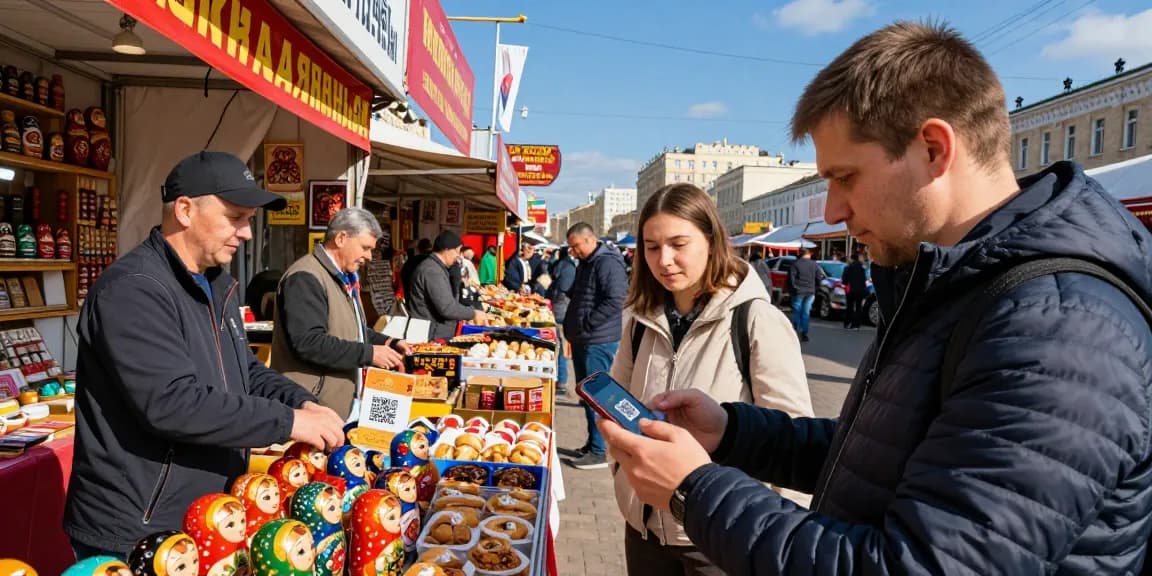 Un turista usando https://payinrussia.com/ para pagar en un bullicioso mercado ruso, con vendedores locales y productos auténticos.