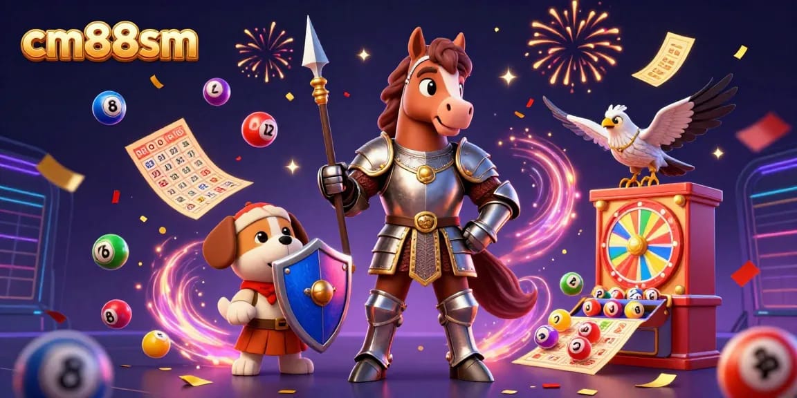 Engage in thrilling gaming with cm88sm, featuring animated lottery elements and medieval champions.