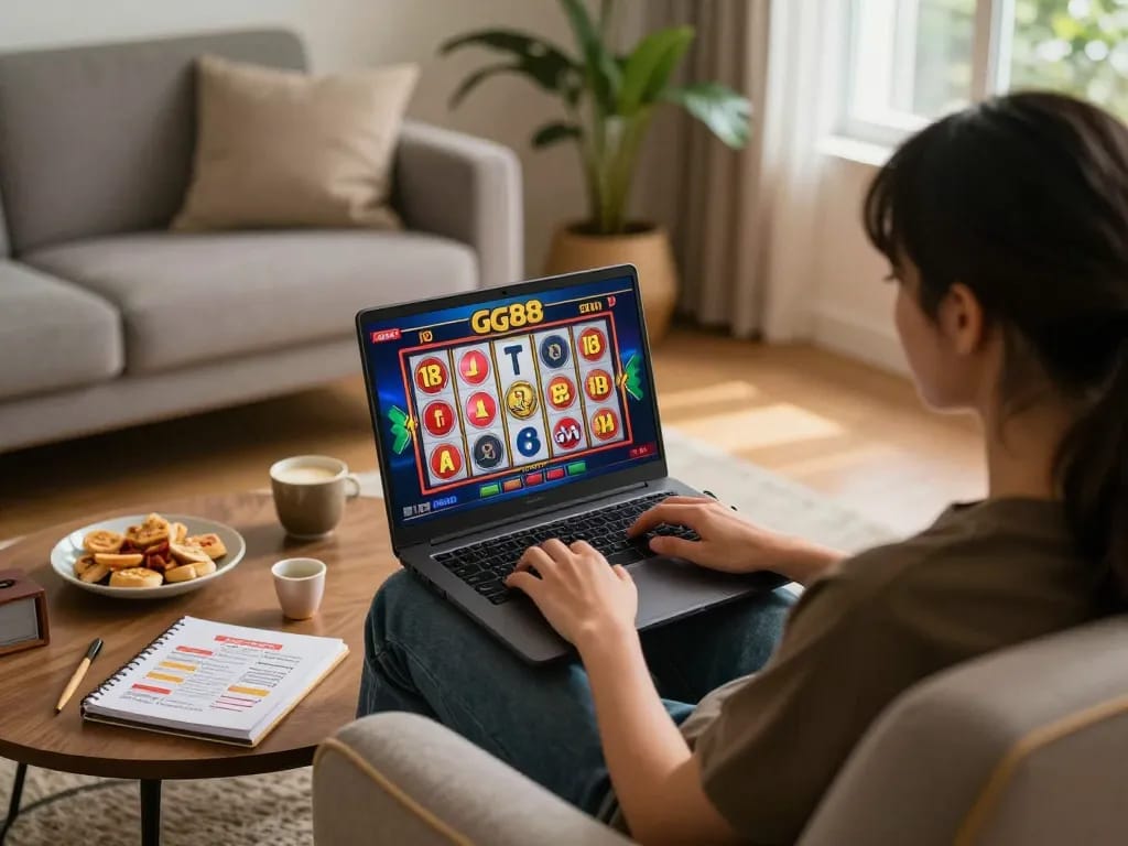 Engaging online slot gaming session at gg88 com with player enjoying laptop gameplay in cozy room.