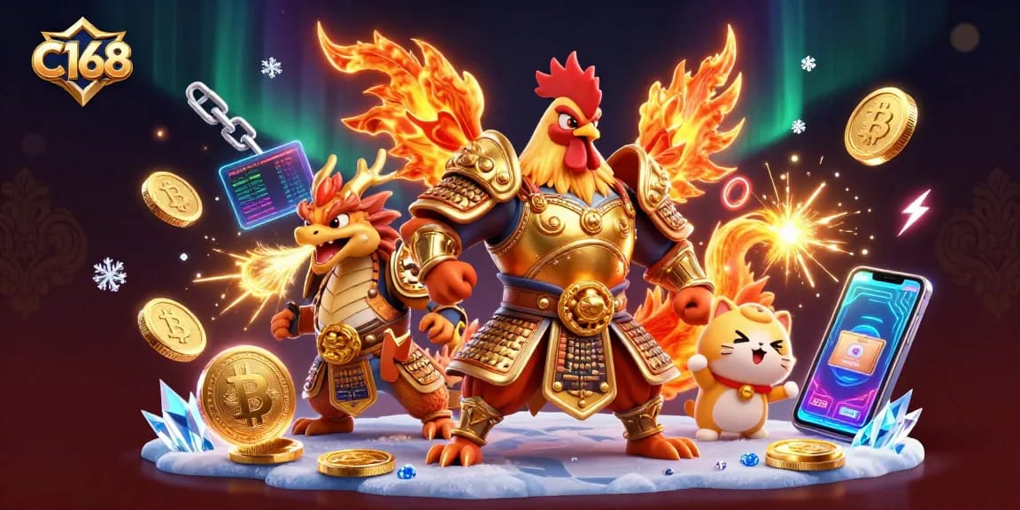 C168 powers casino excitement with a golden armored rooster, dragon hatchling, and vibrant crypto elements.