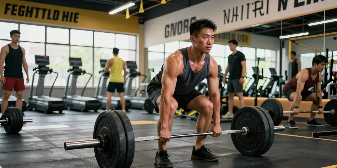 culturista entrenando en un vibrante entorno de fitness, mostrando el enfoque de Esteroidesshop en el crecimiento muscular y la dedicación.