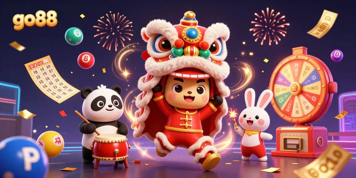 Join go88's festive gaming world with a vibrant illustration of a lion dance, lottery elements, and fireworks.