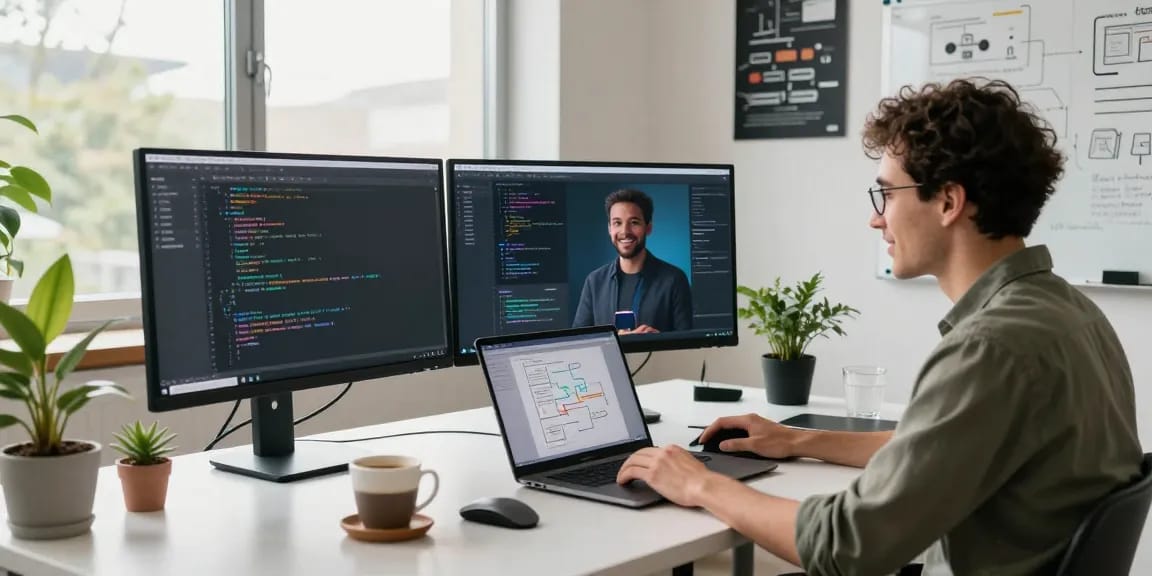 Build internal tools with AI in a modern workspace featuring a developer, coding screens, and an AI assistant.