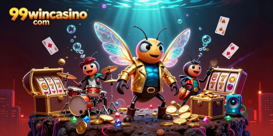 Illustration showcasing 99wincasino com with a cartoon cicada rock star surrounded by casino elements, highlighting a vibrant gaming experience.