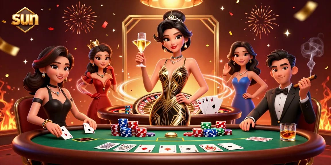 Engage in thrilling gameplay at sun-inspired casino filled with poker tables and festive decorations.