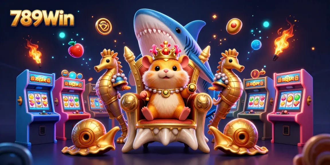 Experience thrilling wins at 789Win with vibrant casino game elements and a dynamic hamster king scene.