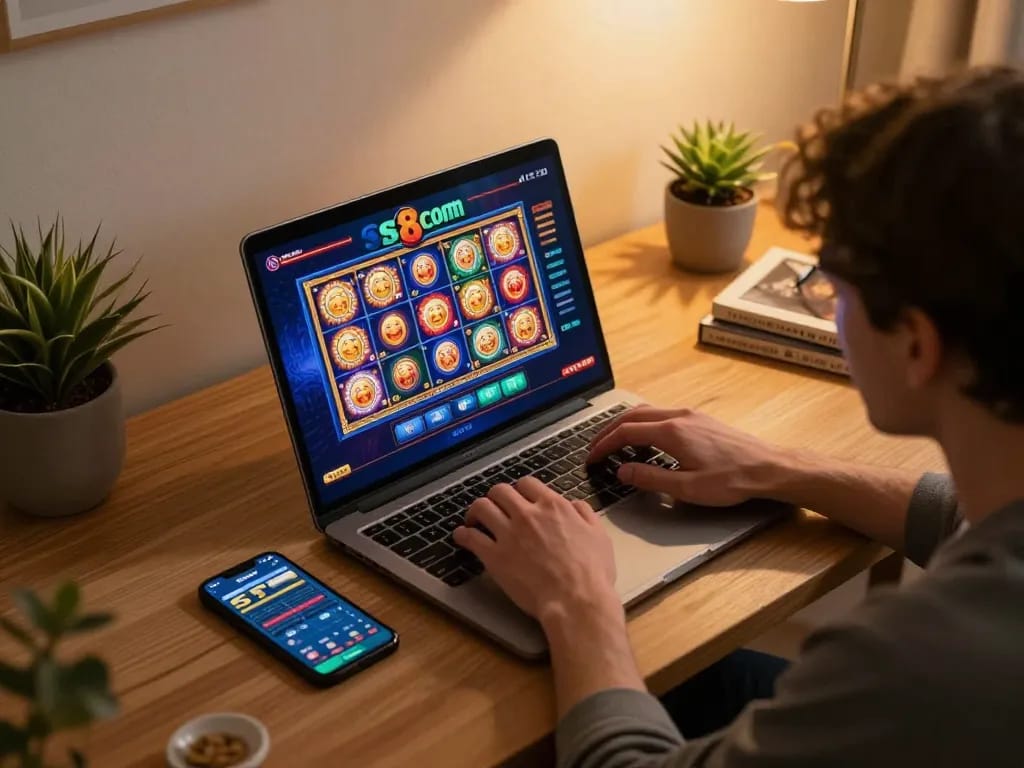 A player enjoying S8 com casino games on a laptop, highlighting engaging online gambling moments.