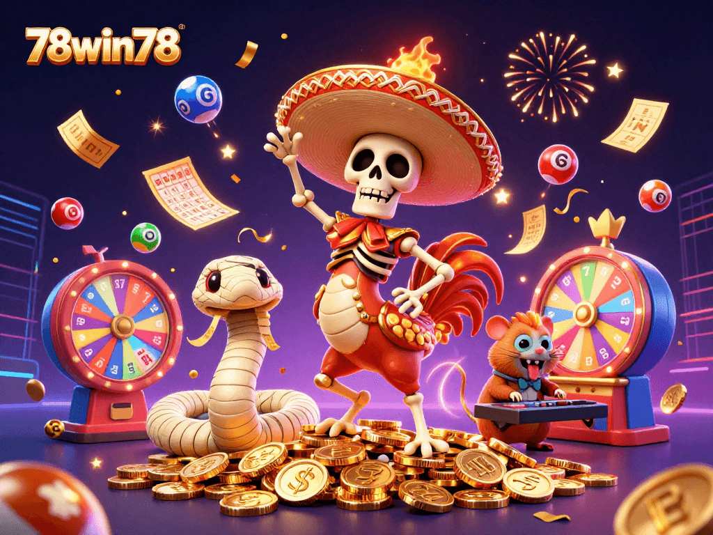 Experience the excitement of 78win78 with vibrant lottery balls, a victorious rooster, and dynamic gaming elements.