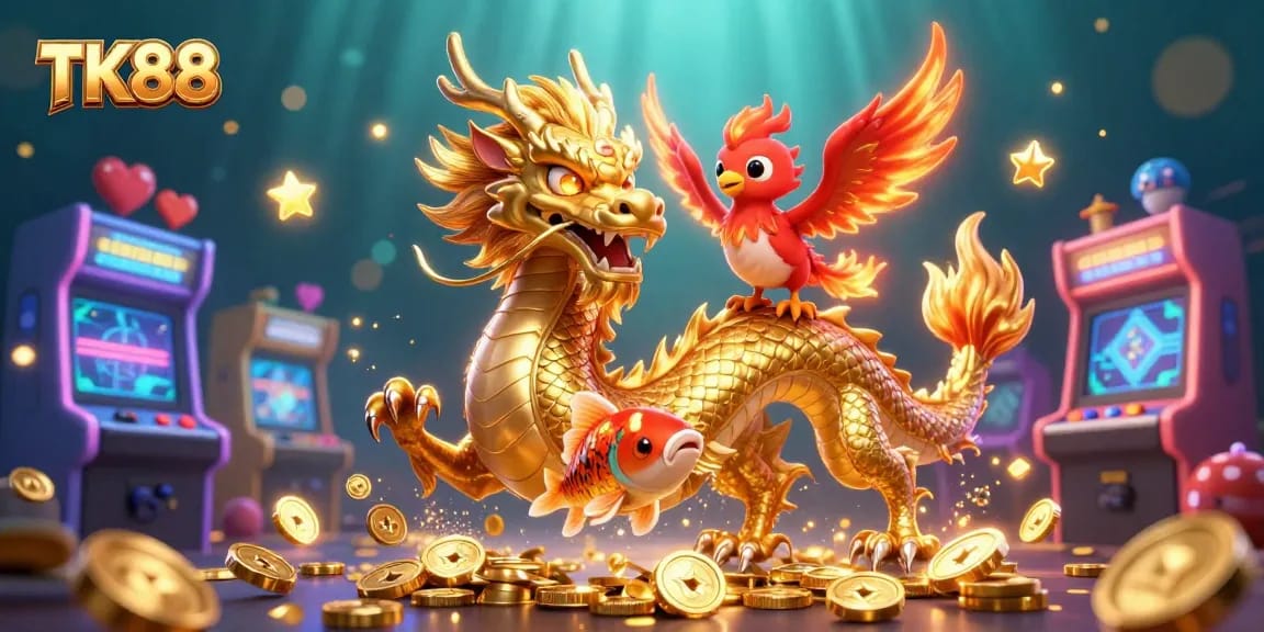 Experience thrilling gaming at TK88 with a vibrant dragon and phoenix in a lively casino setting.