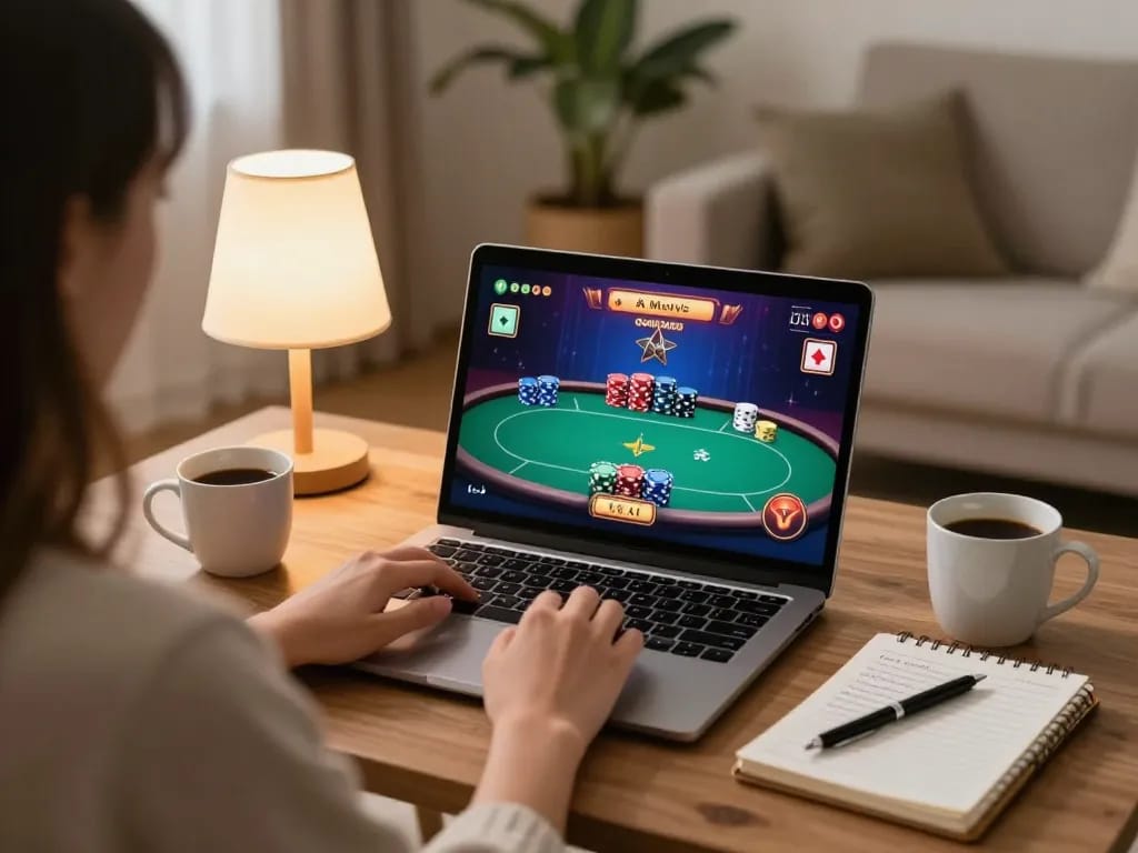 Online gaming with Nhà cái af88 displayed on a laptop, showcasing strategic poker gameplay in cozy living room.