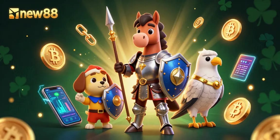 Experience thrilling gameplay at new88 with a vibrant 3D illustration showcasing medieval knights and cryptocurrencies.