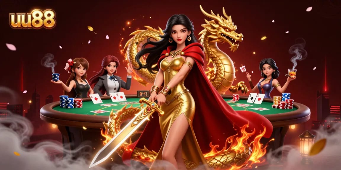 Engage in thrilling gameplay at uu88 with vibrant poker action and a stunning warrior queen.