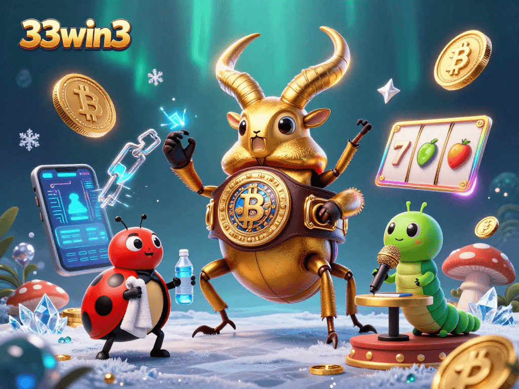 33win3 showcases a vibrant 3D casino illustration featuring a giant stag beetle, ladybug, and caterpillar amidst Bitcoin coins.