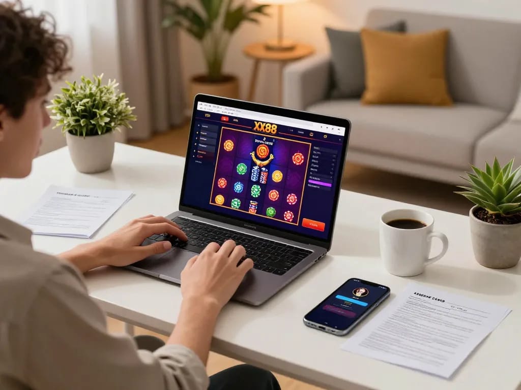 Player engaging with XX88 online casino app on laptop in a cozy home office setting.