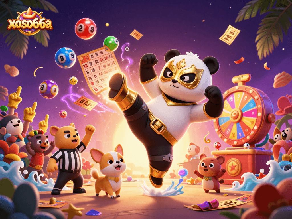Xoso66a captures the excitement of lottery games, featuring colorful balls and animated characters in a festive atmosphere.