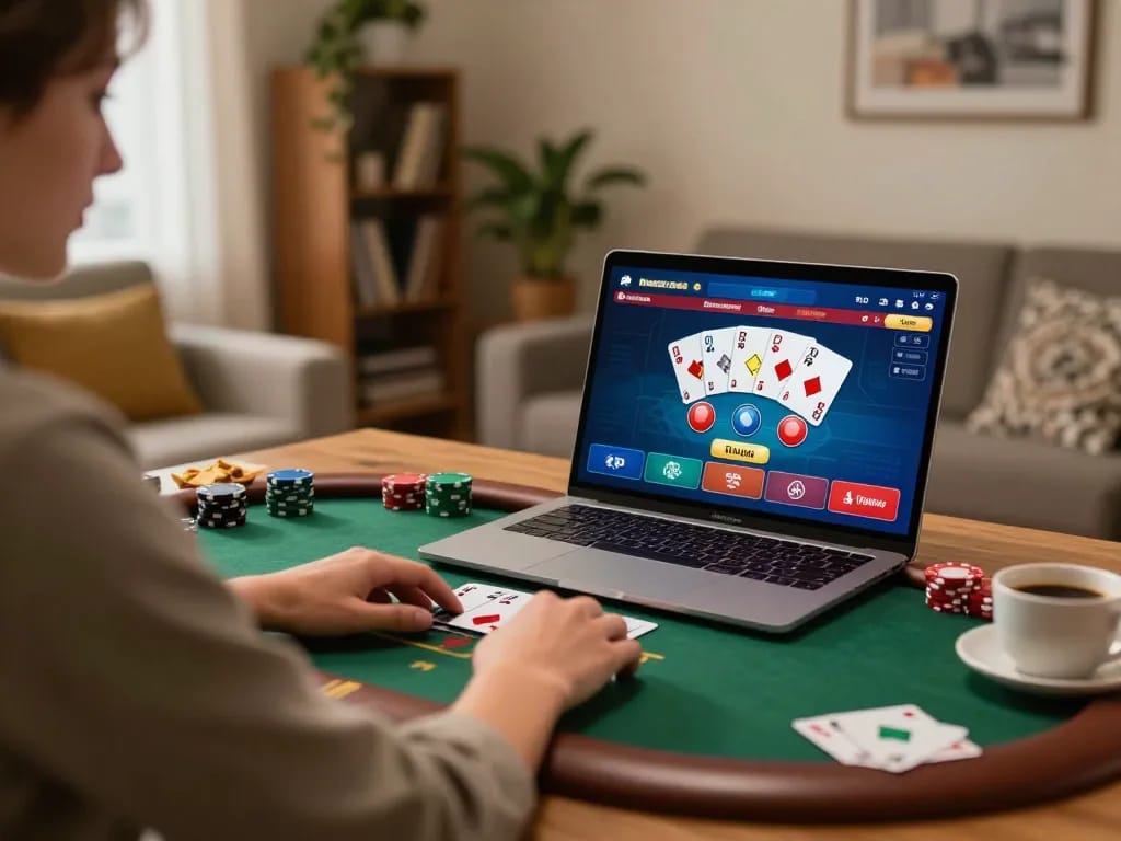 KJC player enjoying poker game on laptop in cozy home setting with snacks.