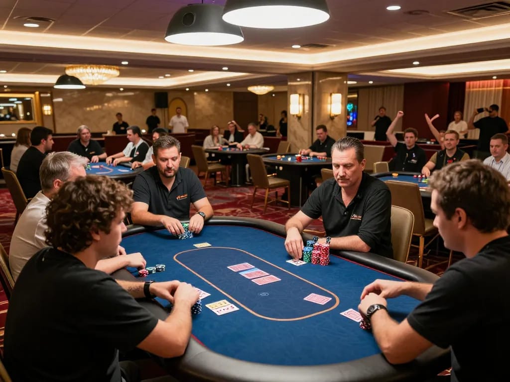 Intense poker game in progress at o8casino with players engaged and cards being dealt.