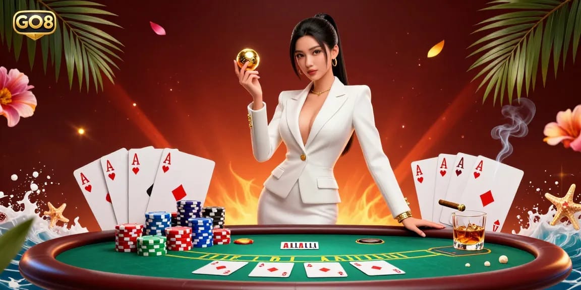 GO8 casino scene showcasing a confident Asian woman with a golden roulette ball amidst vibrant poker elements.