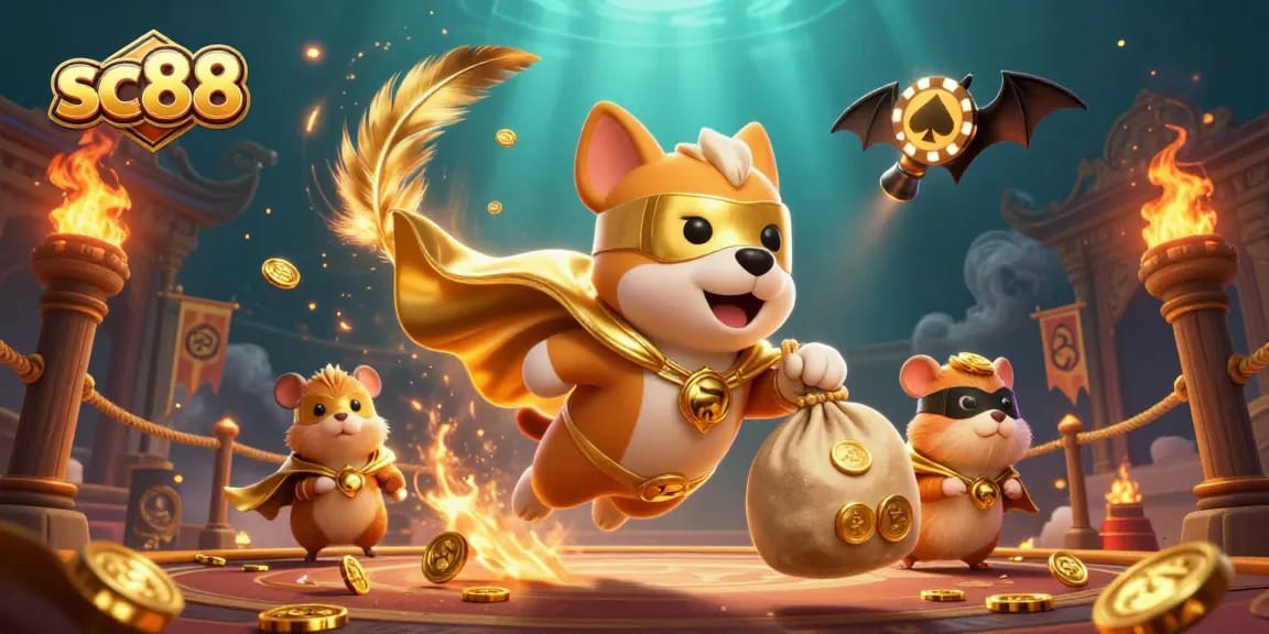 Engage in thrilling action at SC88 as a superhero dog carries gold coins amidst vibrant casino elements.