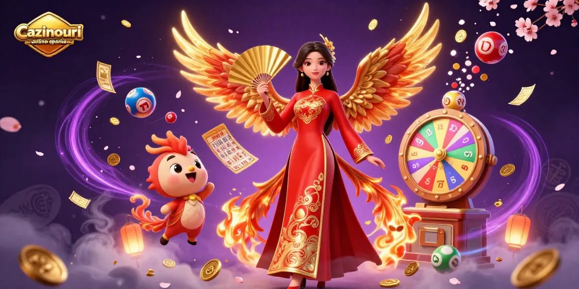 Cazinouri online spania showcases an immersive illustration of a woman in an ao dai dress with a phoenix, symbolizing luck and winning opportunities.