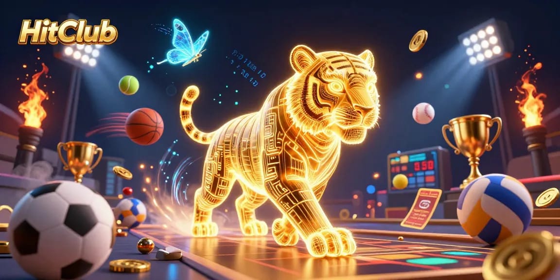 HitClub’s vibrant scene showcases a golden tiger in a casino adorned with sports elements and glowing features.