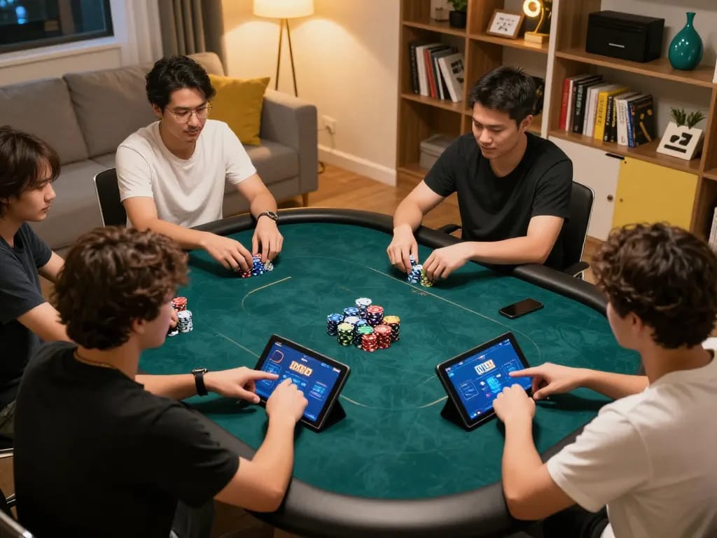 Players engaging in online poker gamebaidoithuong from cozy home setup with tablets showing game interface.