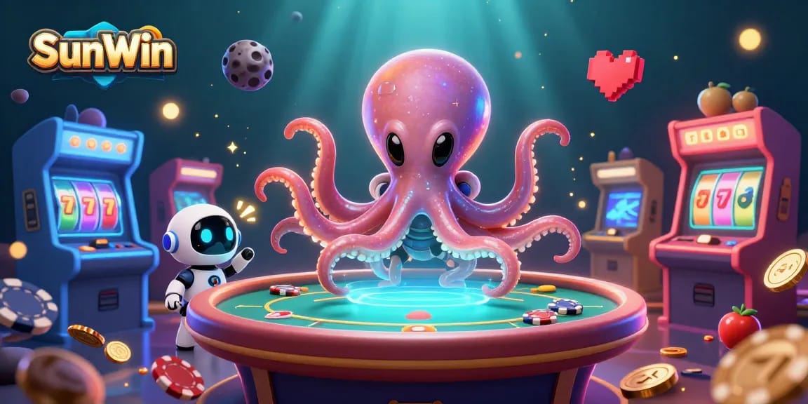 SunWin features an alien octopus leading a holographic poker game amidst vibrant casino elements.