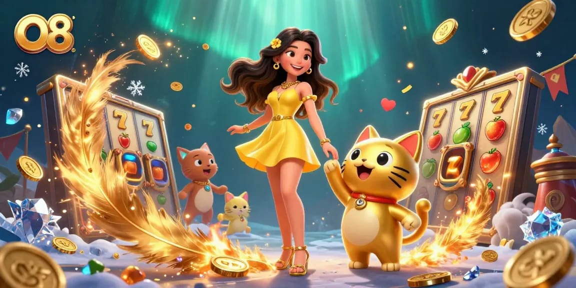 Engage with O8's vibrant casino atmosphere featuring stunning visuals and lively characters in a gaming scene.