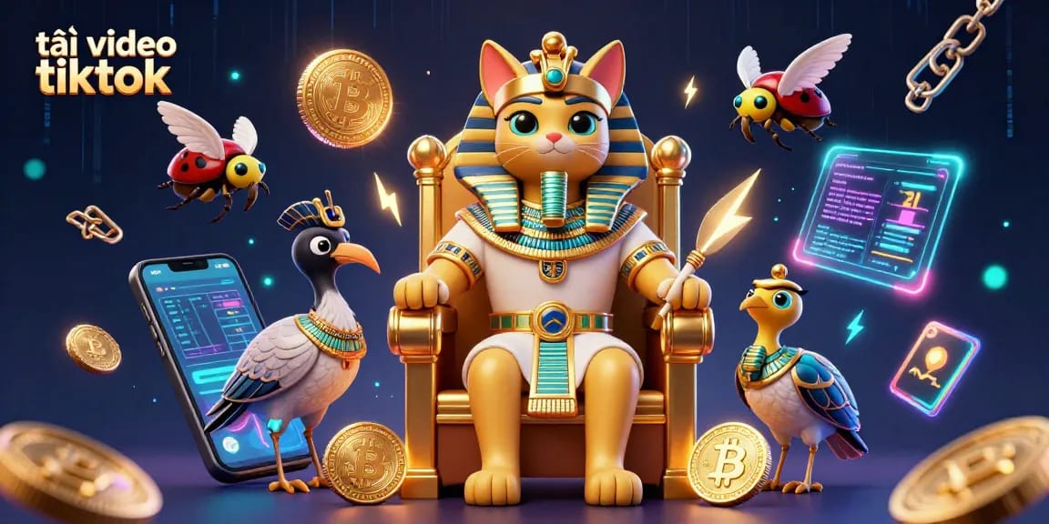 Download TikTok videos effortlessly with SnapTik, featuring a vibrant pharaoh cat scene and crypto elements.