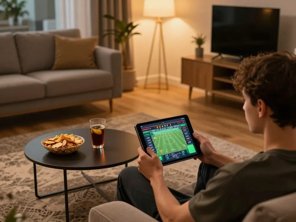 SC88 VN user actively betting on sports, showcasing live updates in a cozy home setting.