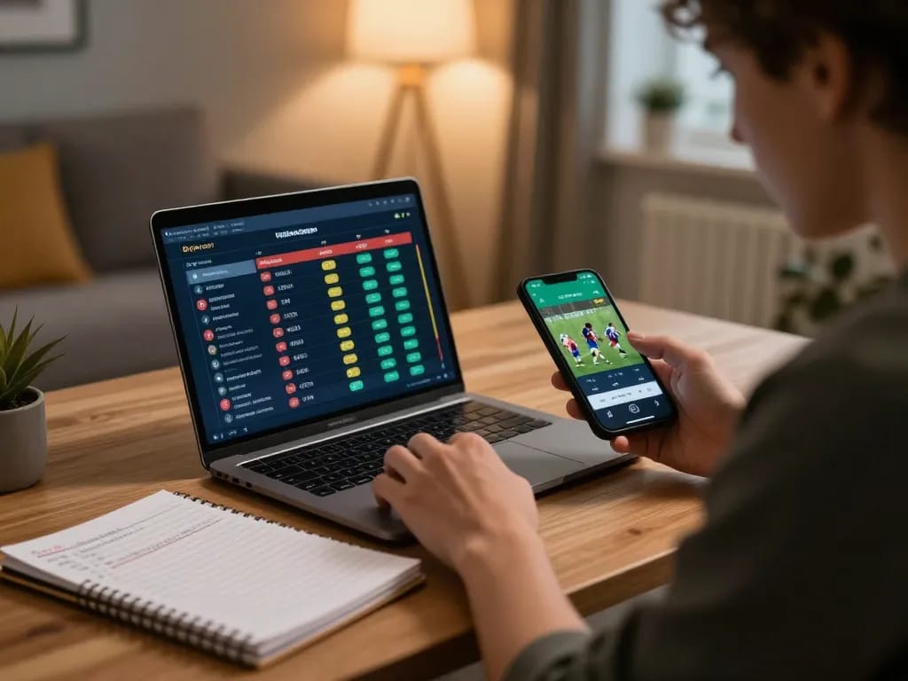 Engaged in research for Keo nha cai 5, a sports bettor analyzes live odds on laptop and smartphone.