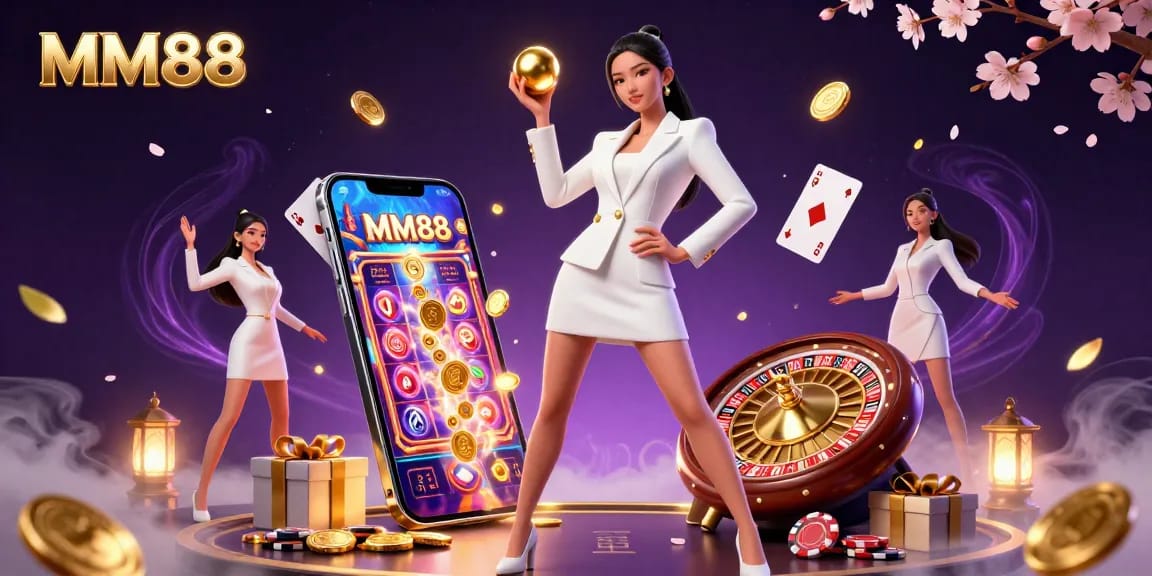 Engage in thrilling gambling at MM88 with a gorgeous Asian woman showcasing jackpot excitement and casino elegance.