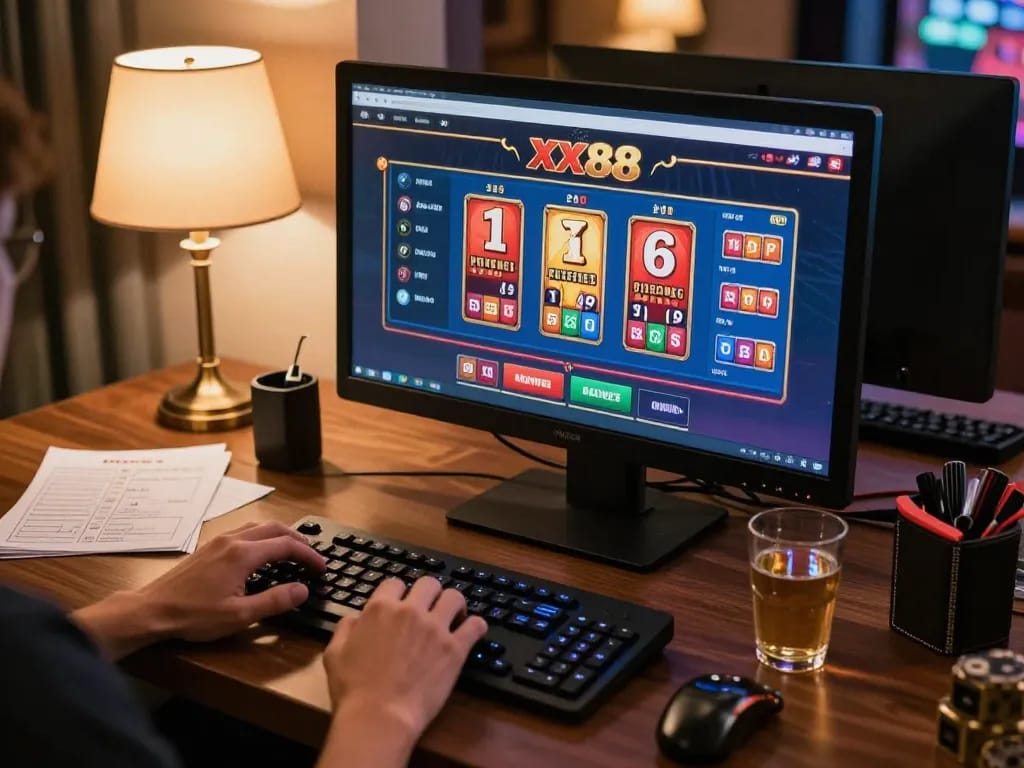 Engaging in online gambling at xx88 with a cozy home setup and game strategies.