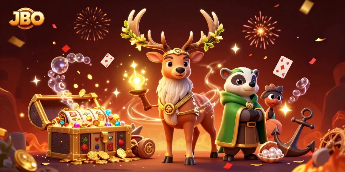 Experience thrilling slots at JBO with a vivid fantasy illustration featuring a stag and gaming elements.