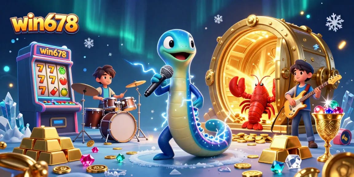 Win678 showcases thrilling casino action with an electric eel DJ performing live, surrounded by treasures.