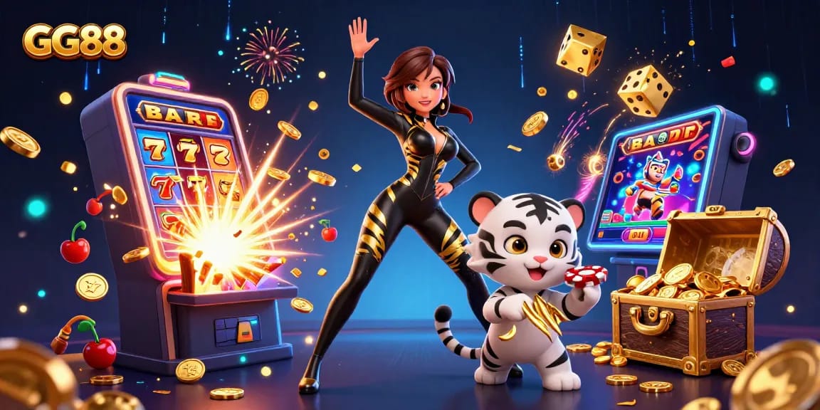 Engage in exciting gaming with GG88 as a stunning character plays among a burst of casino action.