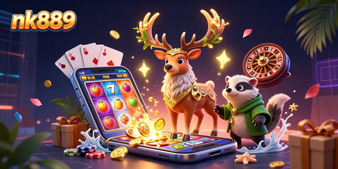 Engage with nk889 in an immersive 3D casino scene featuring vibrant slot games and enchanting characters.