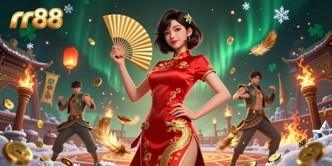 Experience thrilling gameplay at rr88, featuring a beautiful Asian woman in a vibrant qipao surrounded by coins and lanterns.