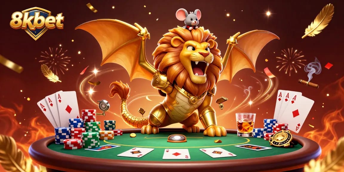 8xbet's exciting poker scene featuring a golden chimera with a mouse jockey, with dynamic gaming elements.