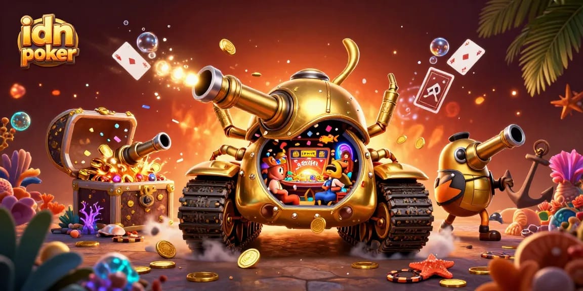 Bermain idn poker di dalam kasino mini dalam tank keong emas yang penuh koin dan harta karun.