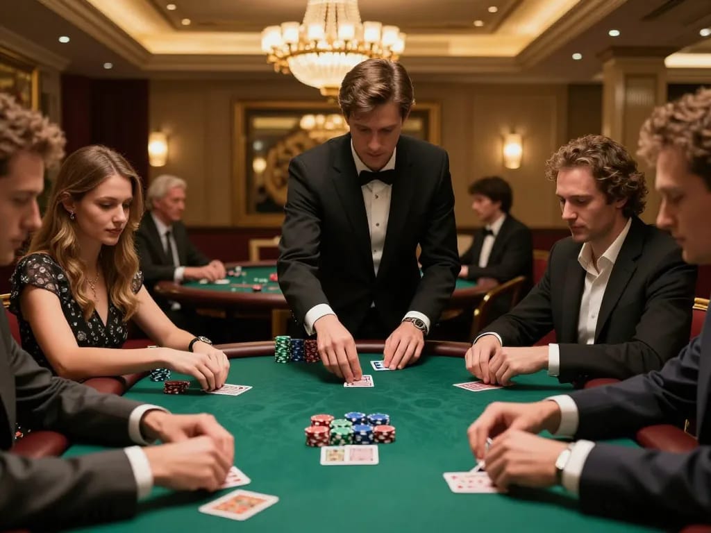 MM88 players strategizing in an upscale poker game with polished decor and warm lighting.