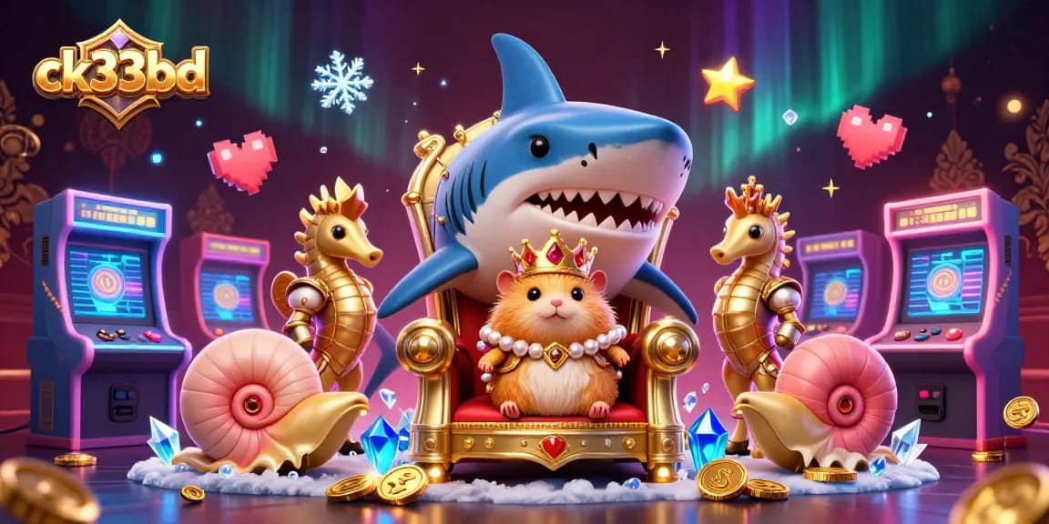 Engage in thrill with ck33bd's vibrant casino scene featuring a golden hamster king and arcade elements.
