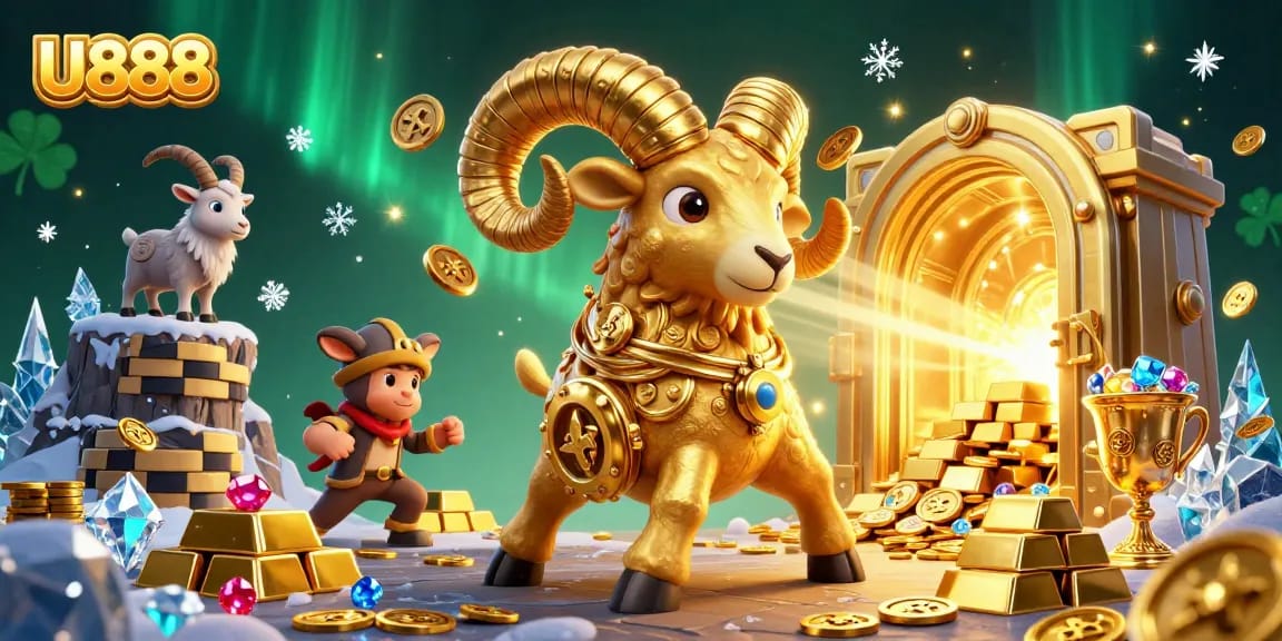 Engage with U888 at a vibrant casino scene showcasing golden treasures, ram, and excitement.