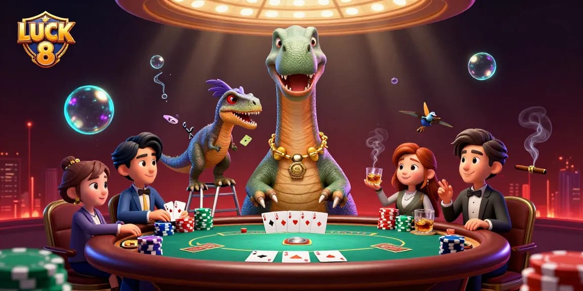 Experience exciting card action at the LUCK 8 poker table with giant characters and vibrant casino elements.
