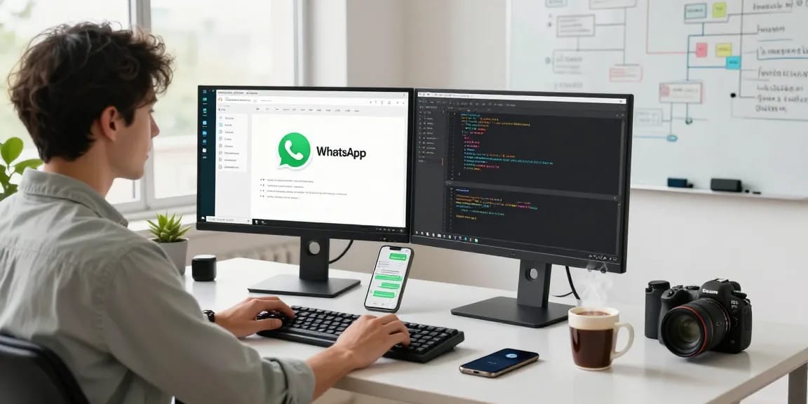 Developer using WhatsApp電腦版 on dual monitors in a modern workspace