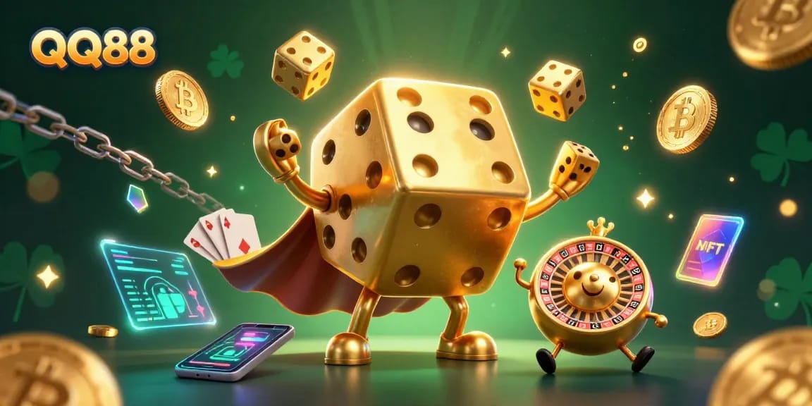 Experience thrilling gameplay at QQ88 with a vibrant 3D casino featuring golden dice and cryptocurrency.